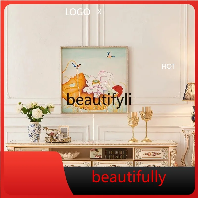

X European hand-painted rose French court gold painting living room home full solid wood carving TV floor cabinet
