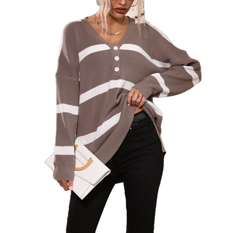 

Casual Sweater 2025 New Women's Autumn V-neck Striped Sweater for Women