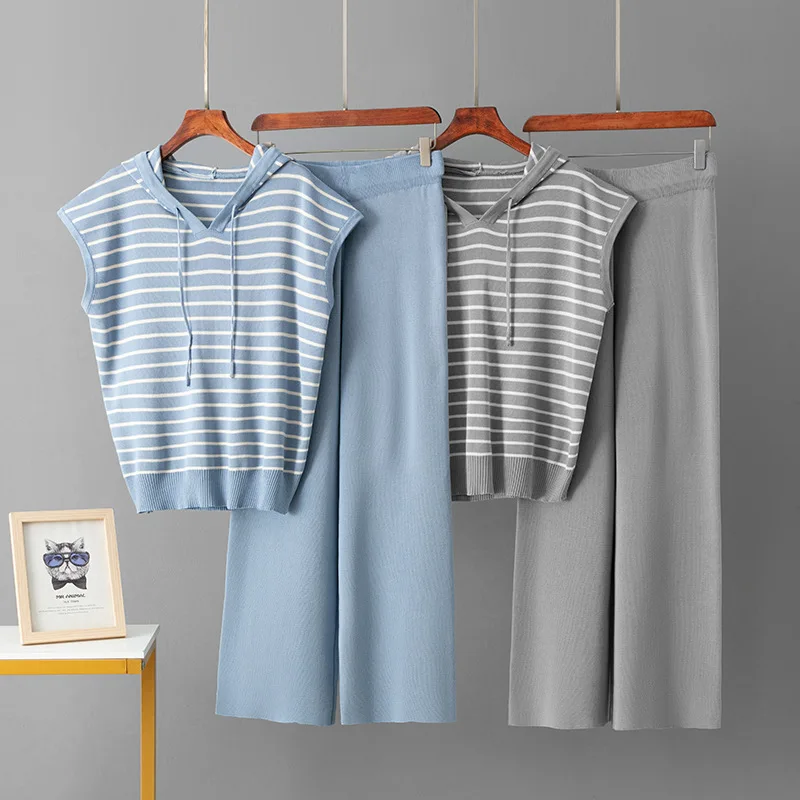 

Half zip high neck knitted striped set spring and summer loose and stylish sweater top high waist solid wide leg pants