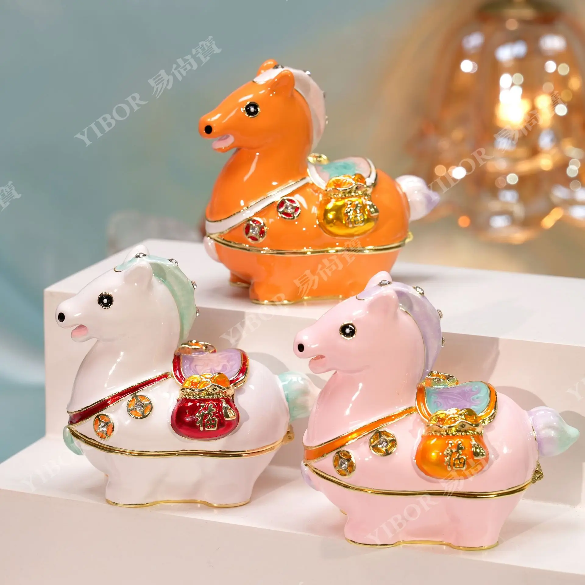 Enamel Zodiac Horse Jewelry Box, Lucky Pouch Shape Figurine, Creative Metal Craft Home Decor, Year of the Horse Souvenir Gift