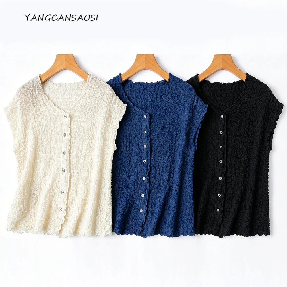 2026 Women's Casual Summer New Heavy 93% Natural Mulberry Silk Bubble Wrinkle Slim Short Sleeve Texture Top