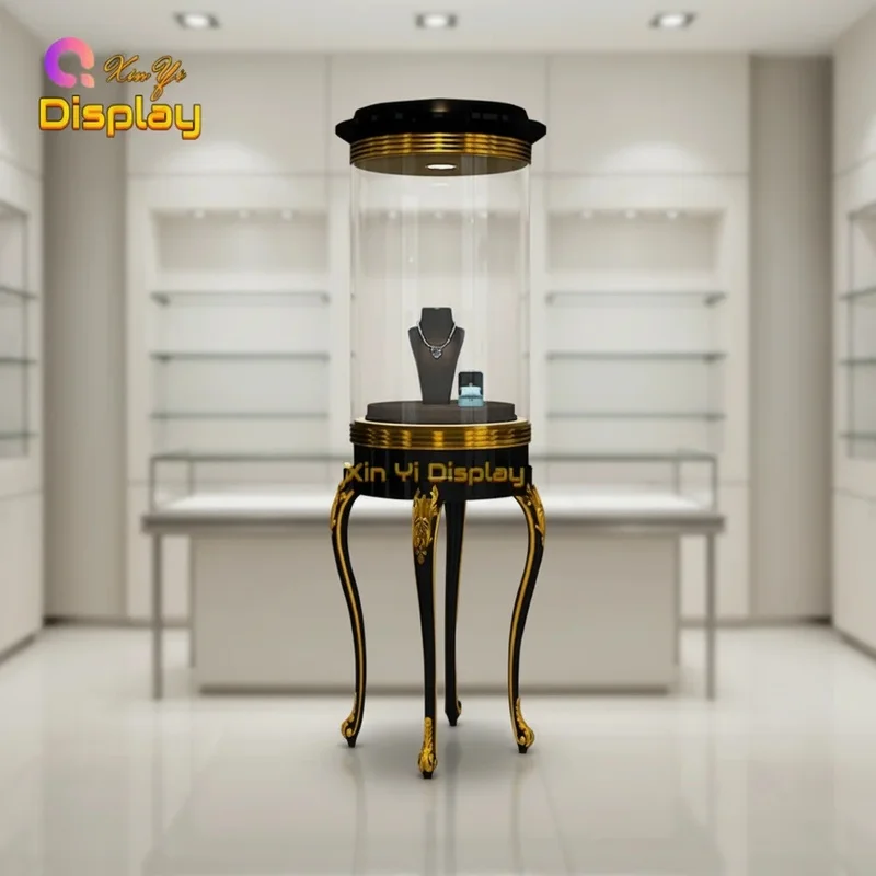 custom.Luxury Stainless Steel Oval Glass Jewelry Display Cabinet With LED Lighting Lockable Design Retail Stores & Shopping