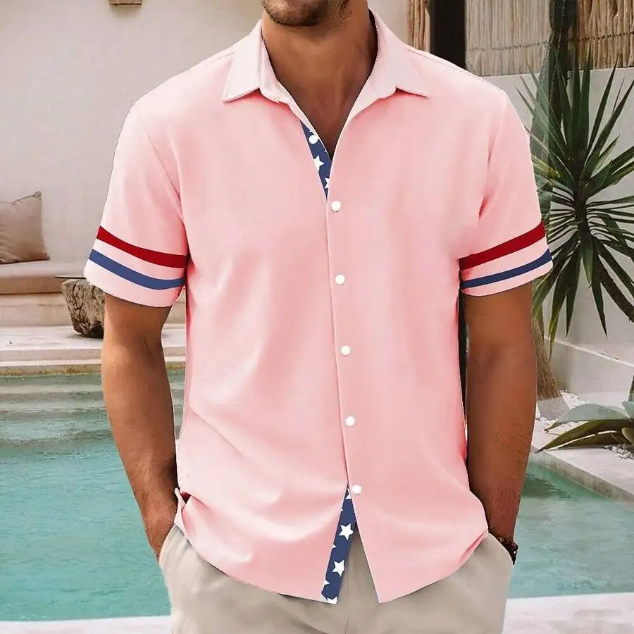 

Mens Pink Casual Button Up Shirt With Patriotic Stripe And Star Print Short Sleeve Summer