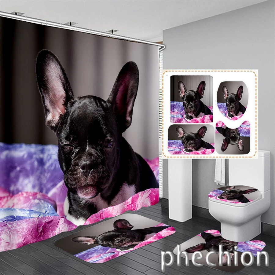 New 3D Print French Bulldog Shower Curtain Waterproof Bathroom Curtain Anti-slip Bath Mat Set Toilet Rugs Carpet VR77