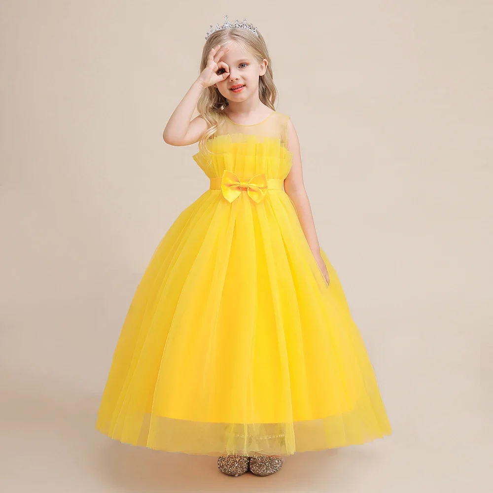 

Tulle Flower Girl DressSleeveless with Bow Accent Princess Ball Gown for Weddings Birthday Parties Elegant Kids Formal Outfit