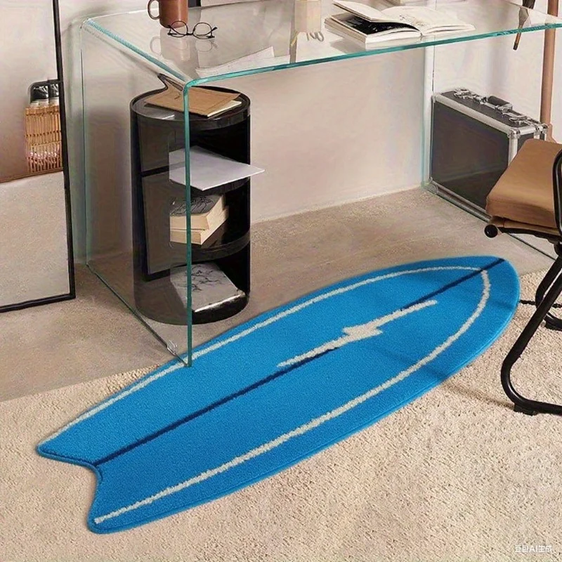 Solid Blue Surfboard Shaped Area Rug, Minimalist White Line Irregular Fluffy Floor Mat, Non-Slip Creative Coastal Carpet for Bed