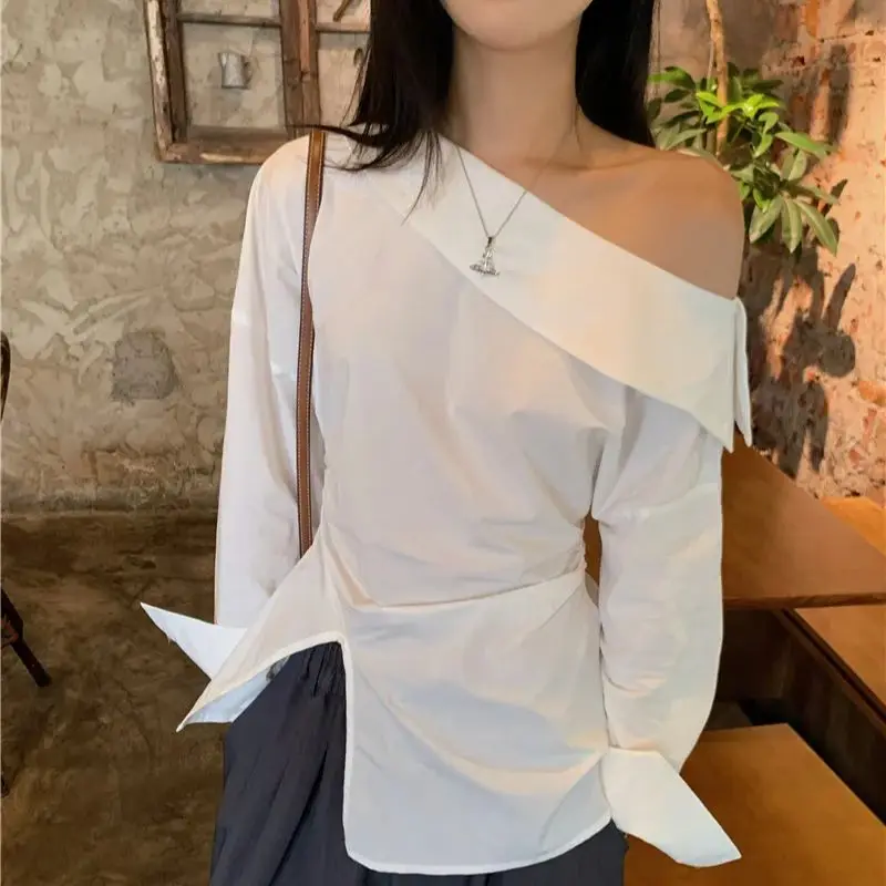 

2025 One Word Off Shoulder Split Waist slimming long sleeved shirt solid color slim and sexy shirt