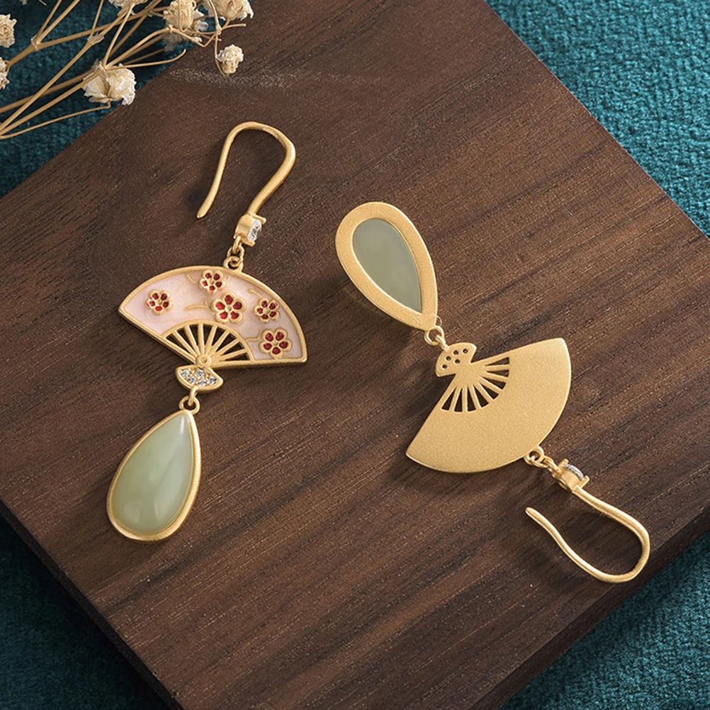 

Court Round Fan Earrings Drop Women Jewelry Chinese Style Jewelries Hetian Jade Miss