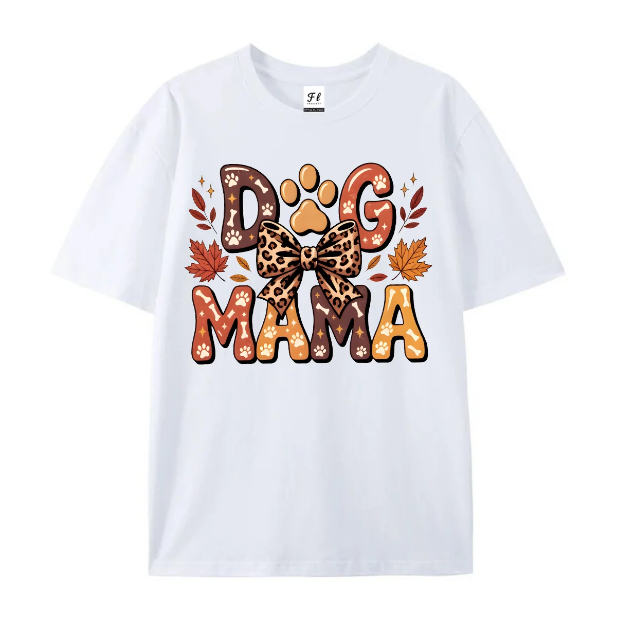 Fall Dog Mama Womens T Shirt Leopard Bow Maple Leaf Graphic Tee Autumn Casual Short Sleeve Tops Dog Lover Thanksgiving Daily Top