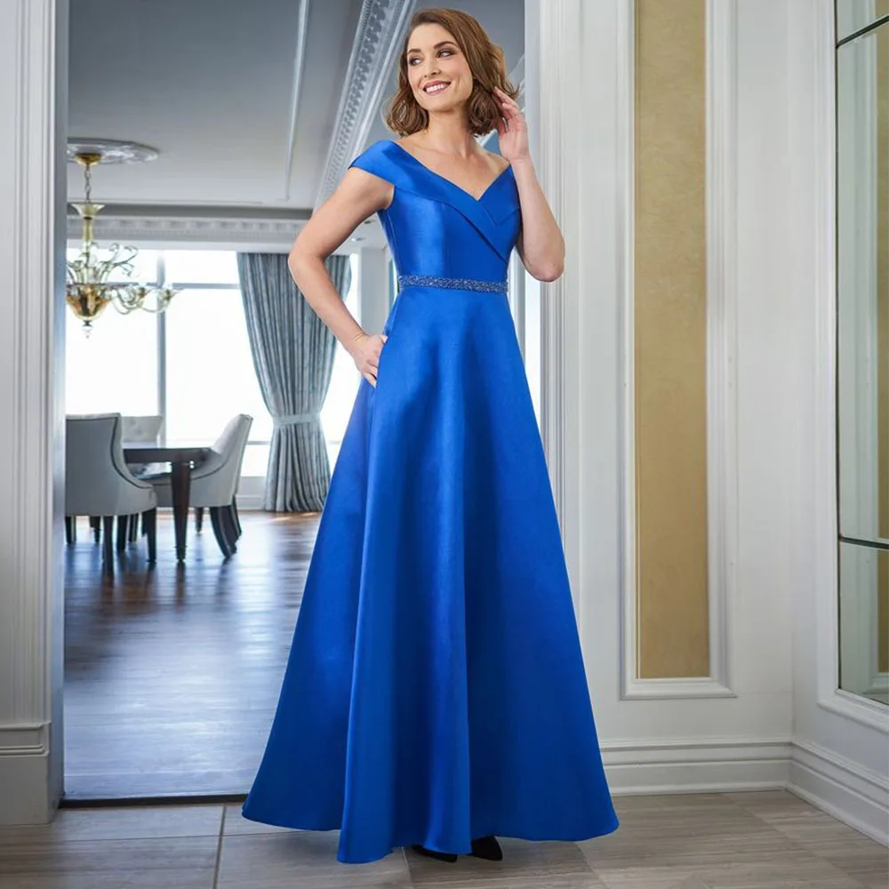 Elegant Royal Blue Satin Plus Size Mother of the Bride Dresses for Weddings Beading Formal Evening Party Dresses With Toat