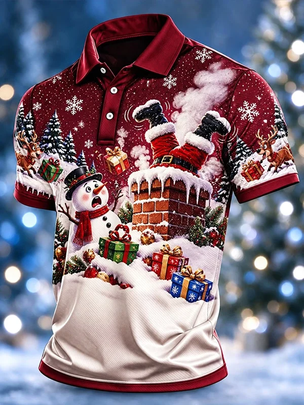 Men's 3D Christmas Polo Shirt Santa Claus Chimney Print Snowman Gift Box Snowflake Burgundy Red Short Sleeve Cheap Clothes