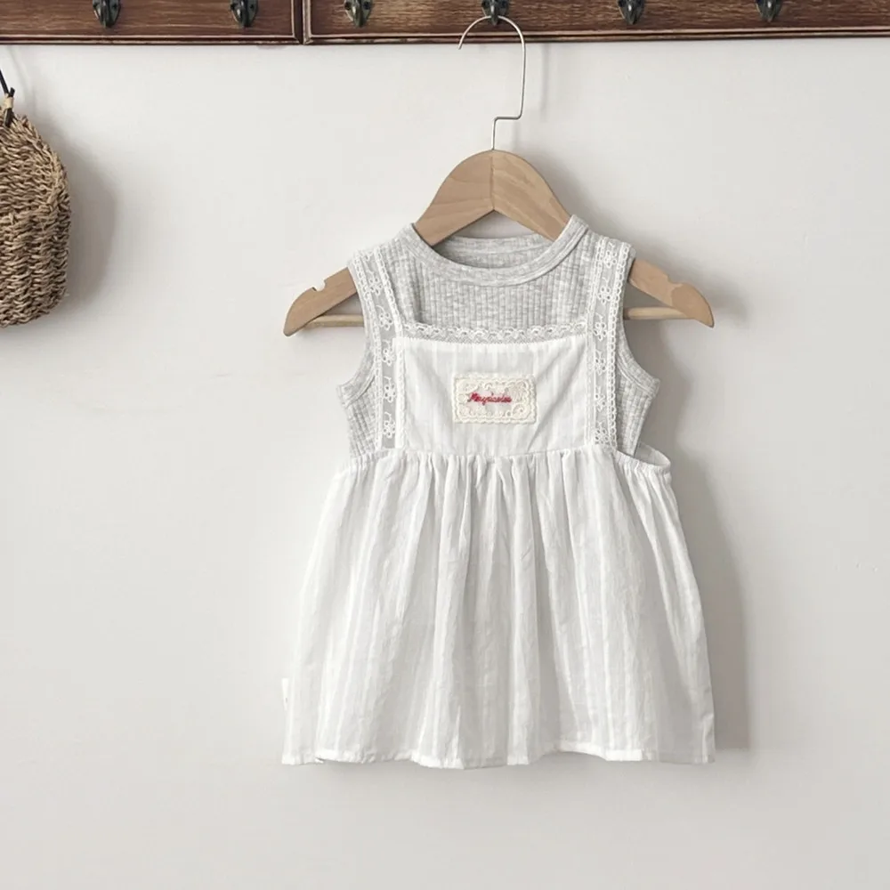 

2026 Summer New Baby Girl Sleeveless Strap Dress Infant Toddler Cute Letter Patch Sling Dress Cotton Girls Lace Overskirt