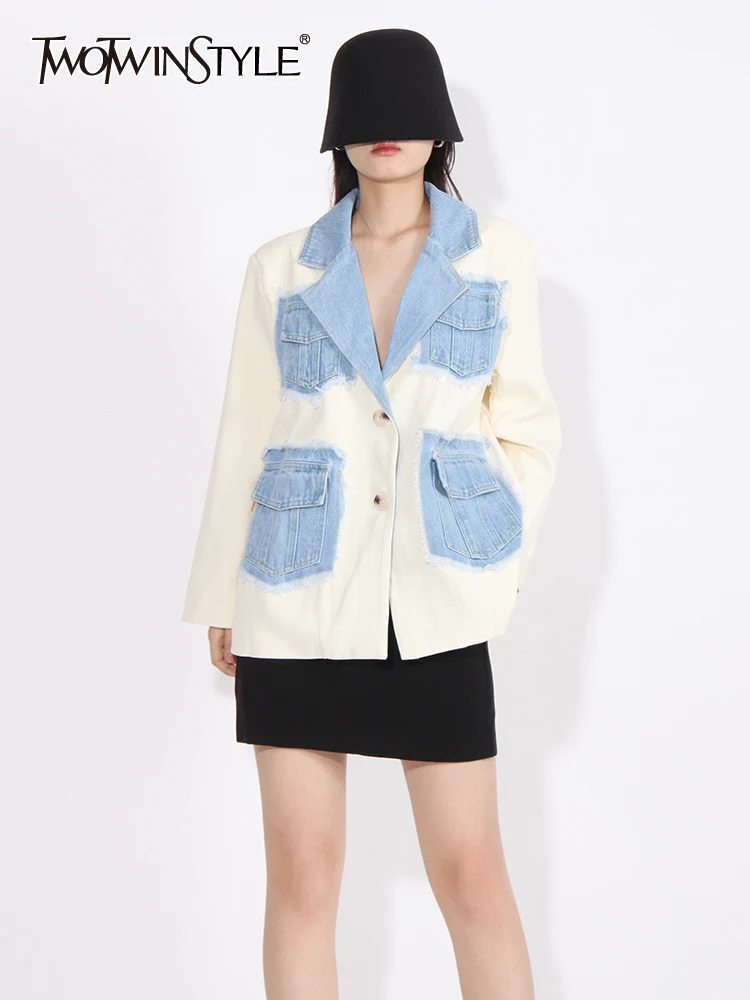 

TWOTWINSTYLE Colorblock Patchwork Denim Jacket For Women Notched Collar Long Sleeve Spliced Pocket Casual Blazer Female Style