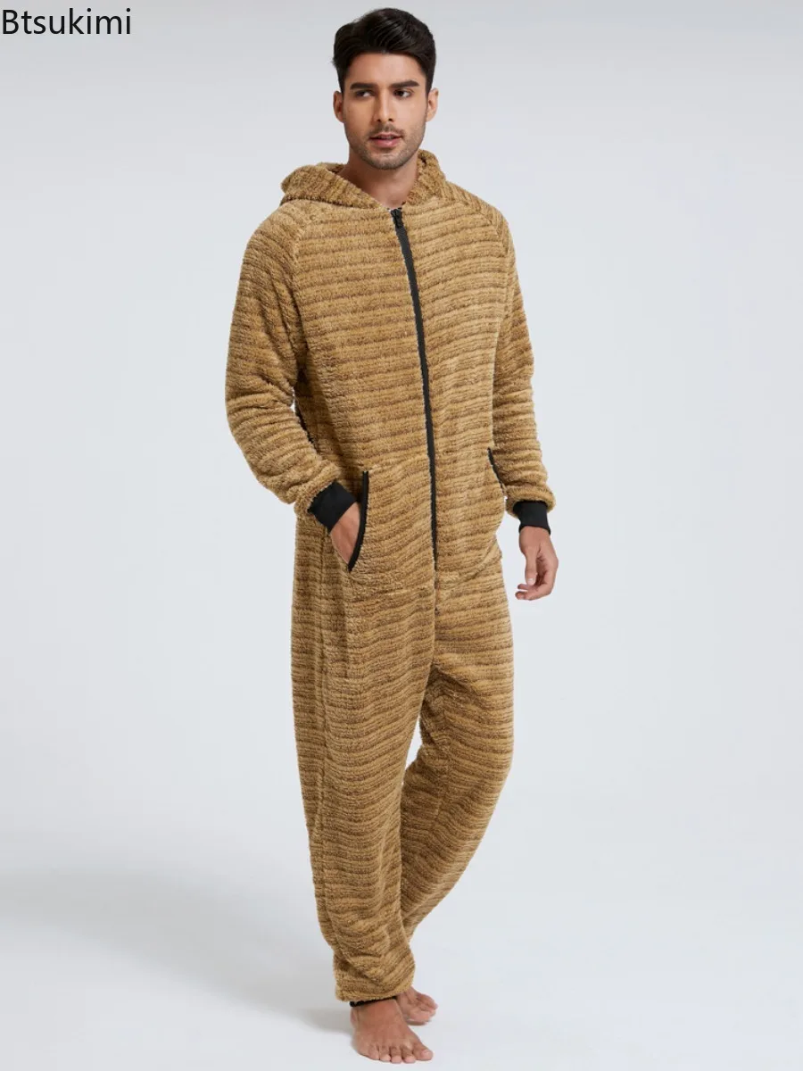 Nieuwe 2024 Herfst Winter Casual Flanel Onesies Hoodie Jumpsuit Pyjama Mannen Zachte Jumpsuits Hoodie Rits Nachtkleding Mannelijke Homewear