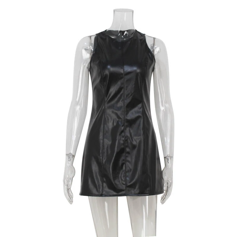 OMSJ 2025 하이 스트리트 블랙 섹시 슬리브리스 지퍼 슬림핏 레트로 패션 PU 레더 탱크탑 드레스 여성 캐주얼 신상 의상