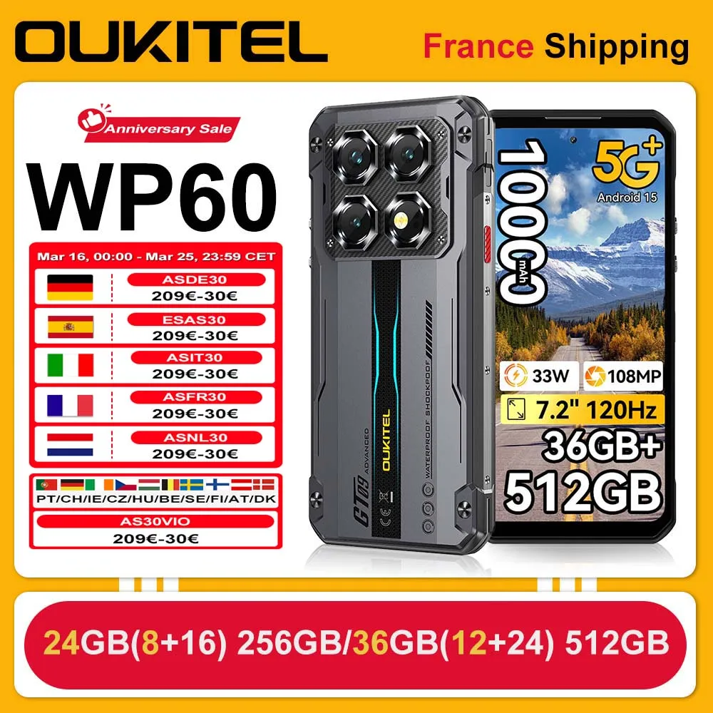 Téléphone robuste OUKITEL WP60 5G 24 Go (8+16) 256 Go / 36 Go (12+24) 512 Go 7,2 pouces HD+ 120 Hz Smartphone 10000 mAh 108 MP Android 15 NFC