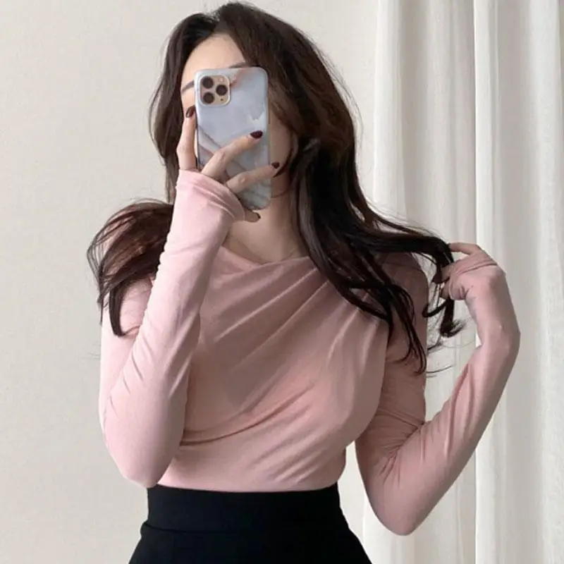 Best Selling Charming Long Sleeve T-Shirt Self-Keeping One-Shoulder Semi-Transparent Cute Style Summer Thin Fabric Pure Color