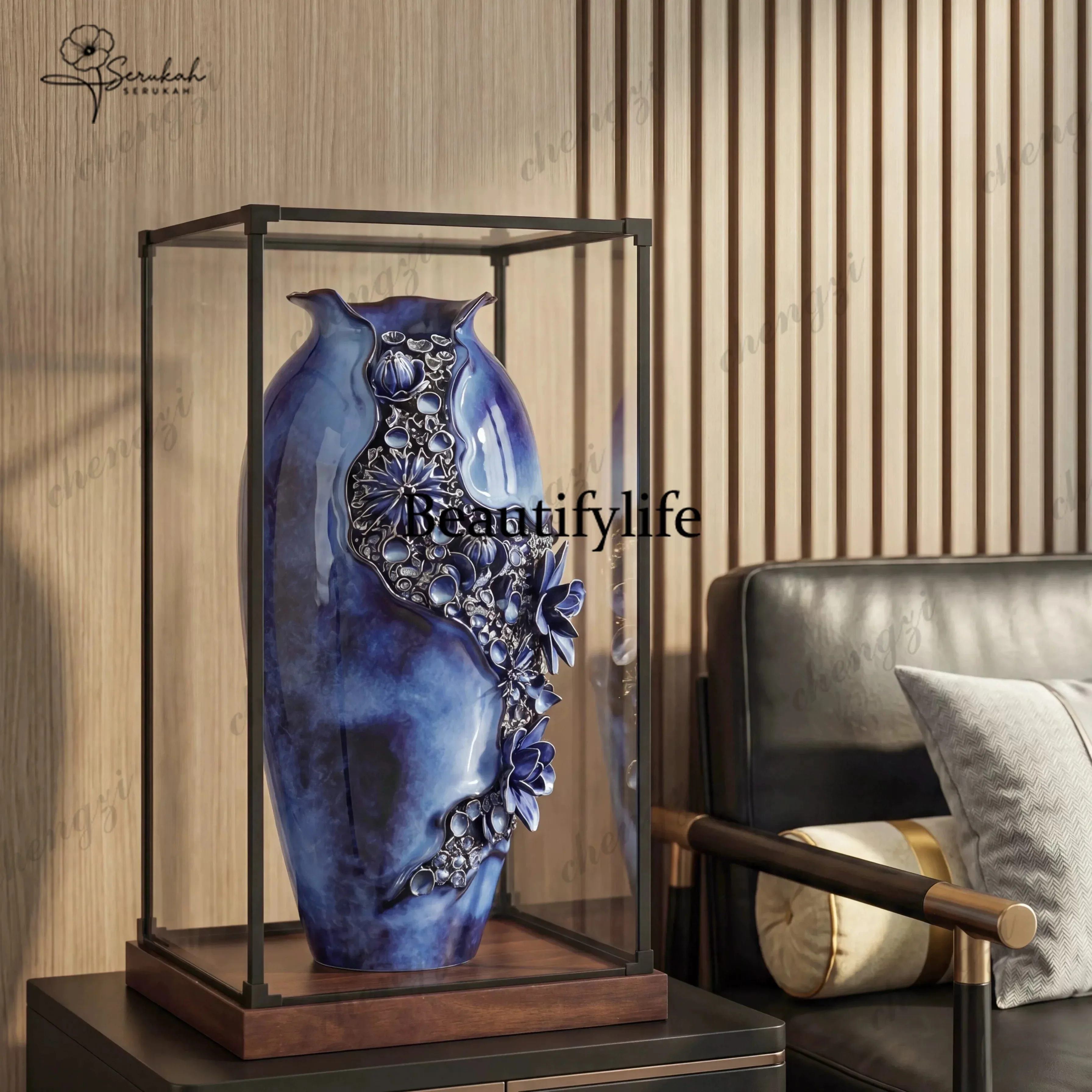 B56 Velvet flower blooming large vase light luxury high-end porch ceramic ornaments living room flower arrangement housewarming