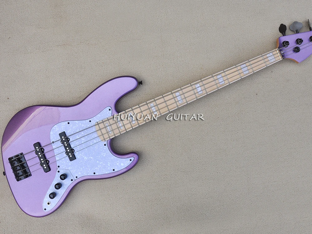 Baixo elétrico roxo de 4 cordas com escala de bordo, pickguard de pérola branca, personalizável