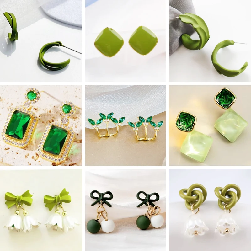 Green Crystal Women\'s Dangle Earrings Metal Material Square Pendants C-shaped Hollow Bowknot Hanging Earrings for Female 2025