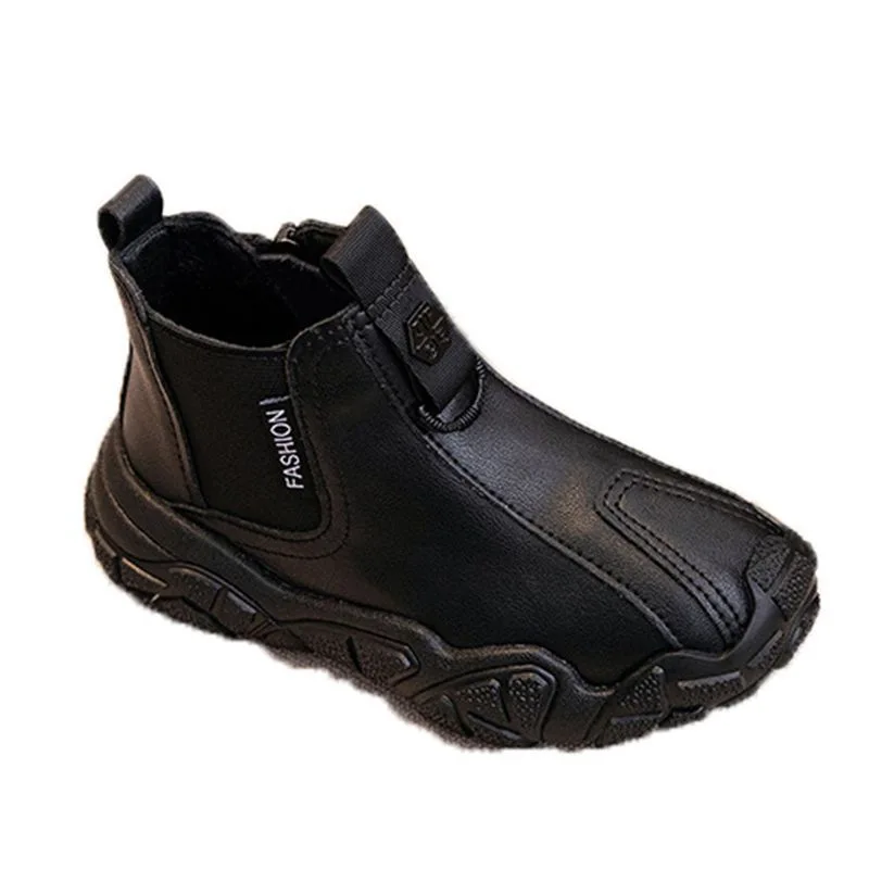 Picture 6: Boys Leather Boots 3-18 Years Old Black Padded Thickened Leather Kids Cotton Shoes Fall Winter Simple Hundred Children's Boots