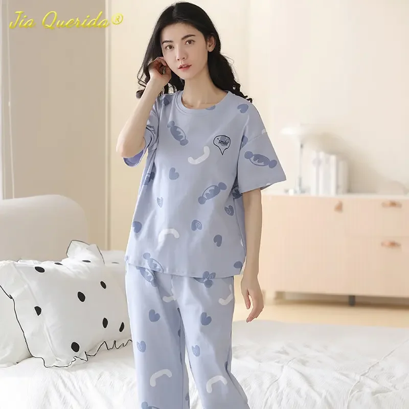 

SUKAE Summer 100% Cotton Elegant Womens Pajamas Set Casual Capris Sleepwear for female Knee-length Homewear for Woman Nightwear