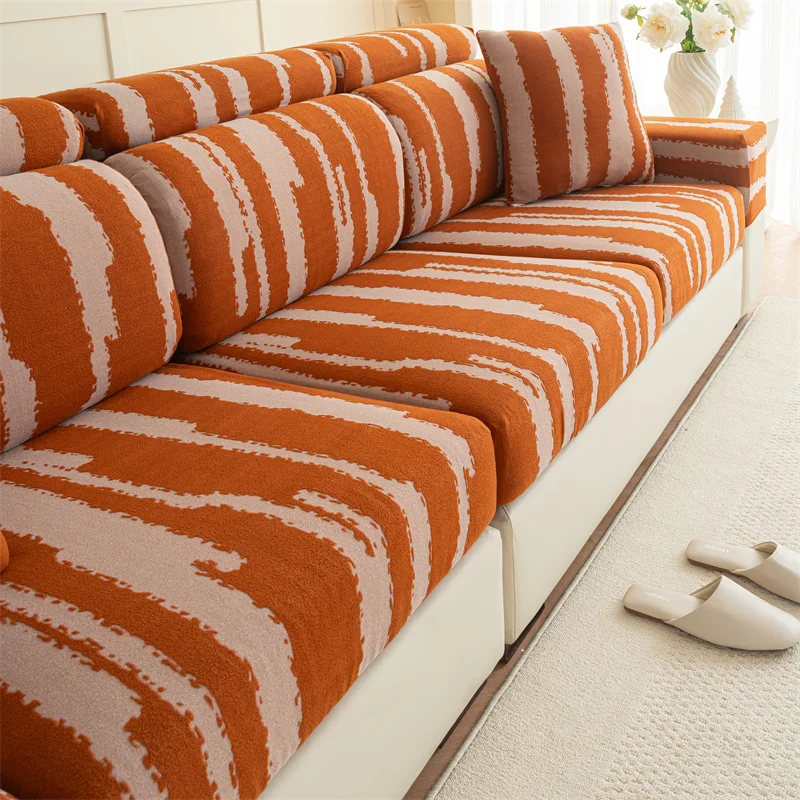 Elastic fleece jacquard sofa cover with two-tone geometric lines, simple style, cat scratch resistant, skin-friendly, soft and breathable sofa cover