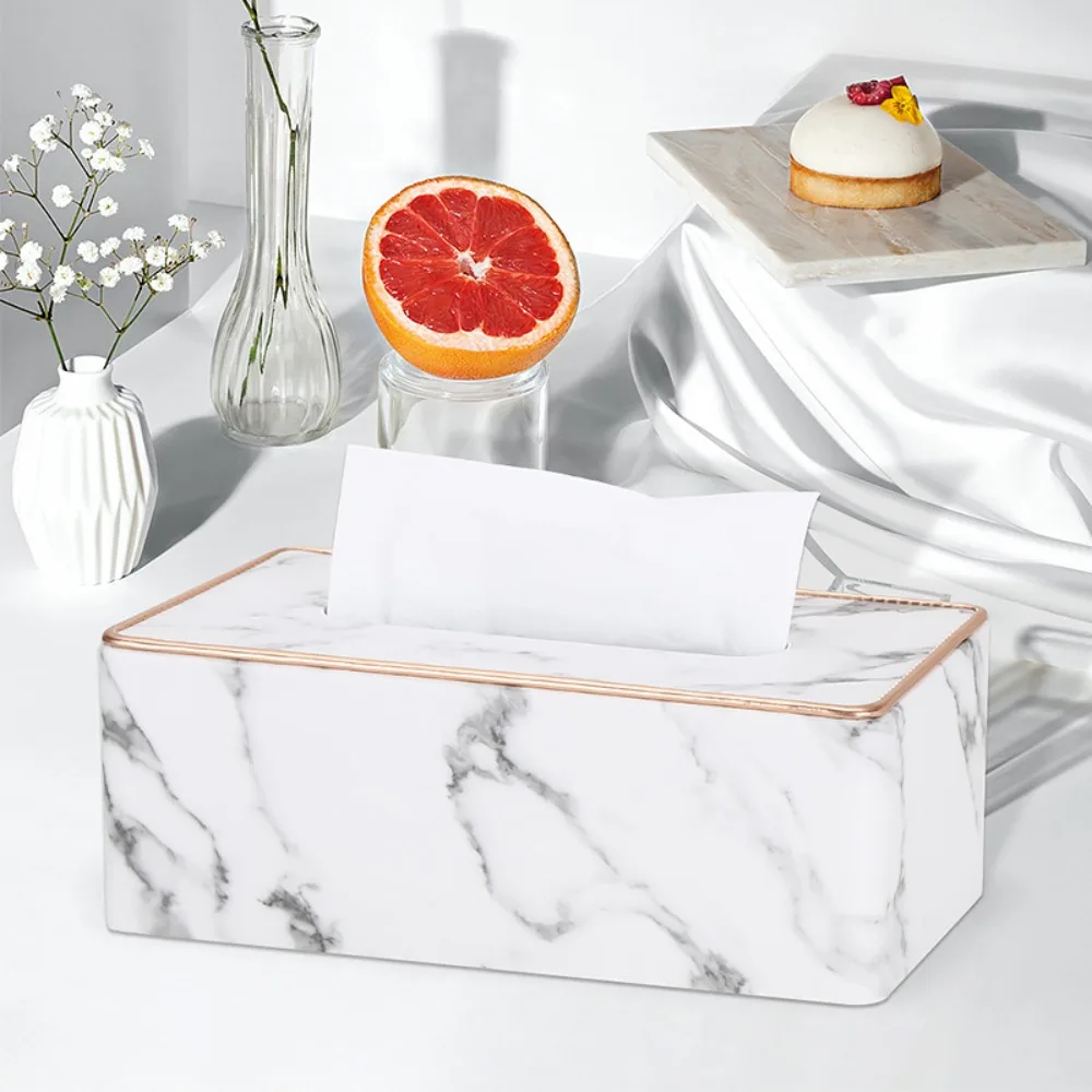 

Decorative Nordic Style Marble Pattern Tissue Box Gold Edge Rectangle Tissue Paper Organizer PU Leather Tissue Holder Restaurant