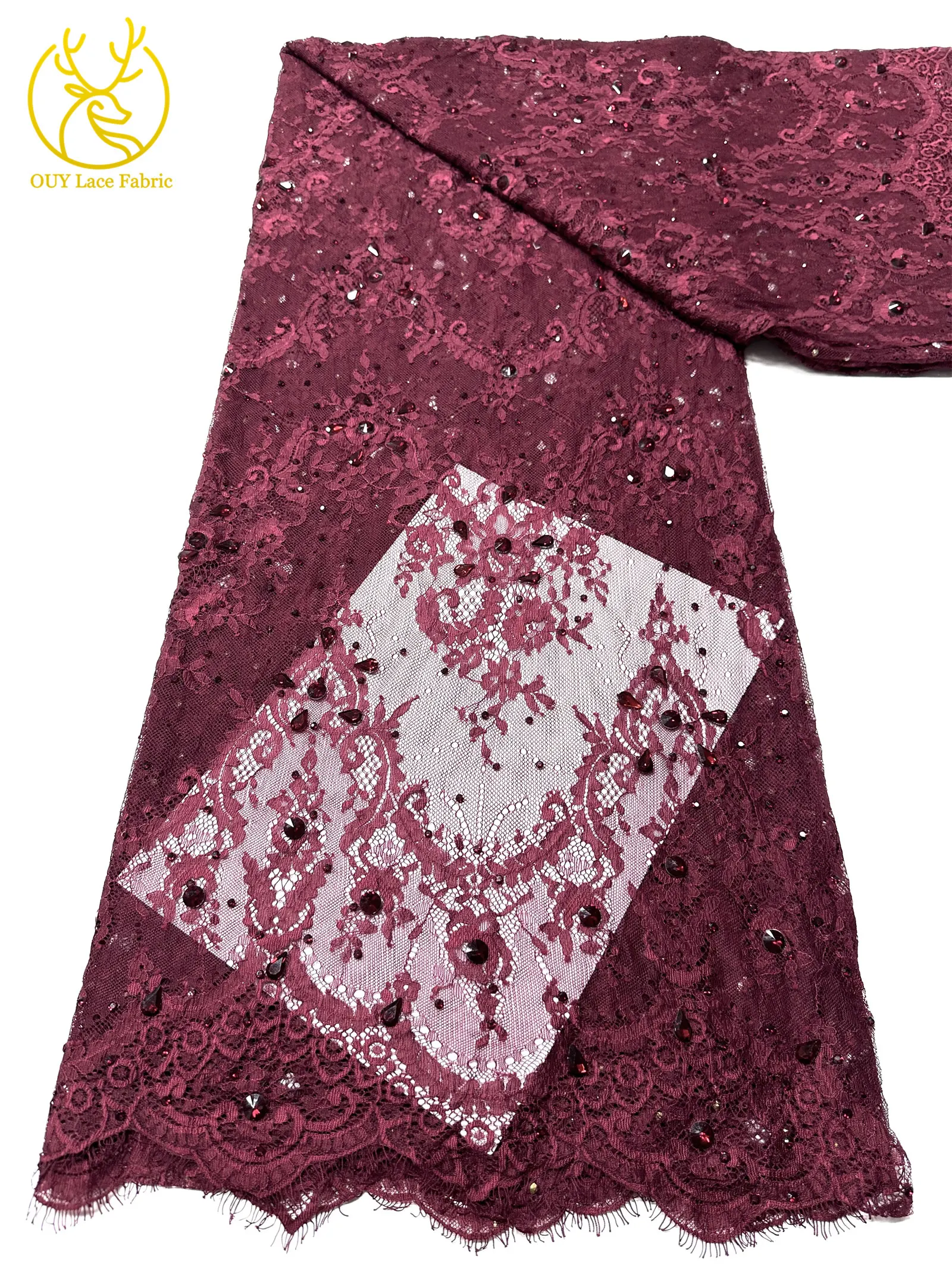 Roter nigerianischer Spitzenstoff, hochwertige afrikanische Milchseide mit Steinen, Guipure-Kordel für Damen-Partykleider, DIY-Nähzubehör, 3 Meter – Detail 21