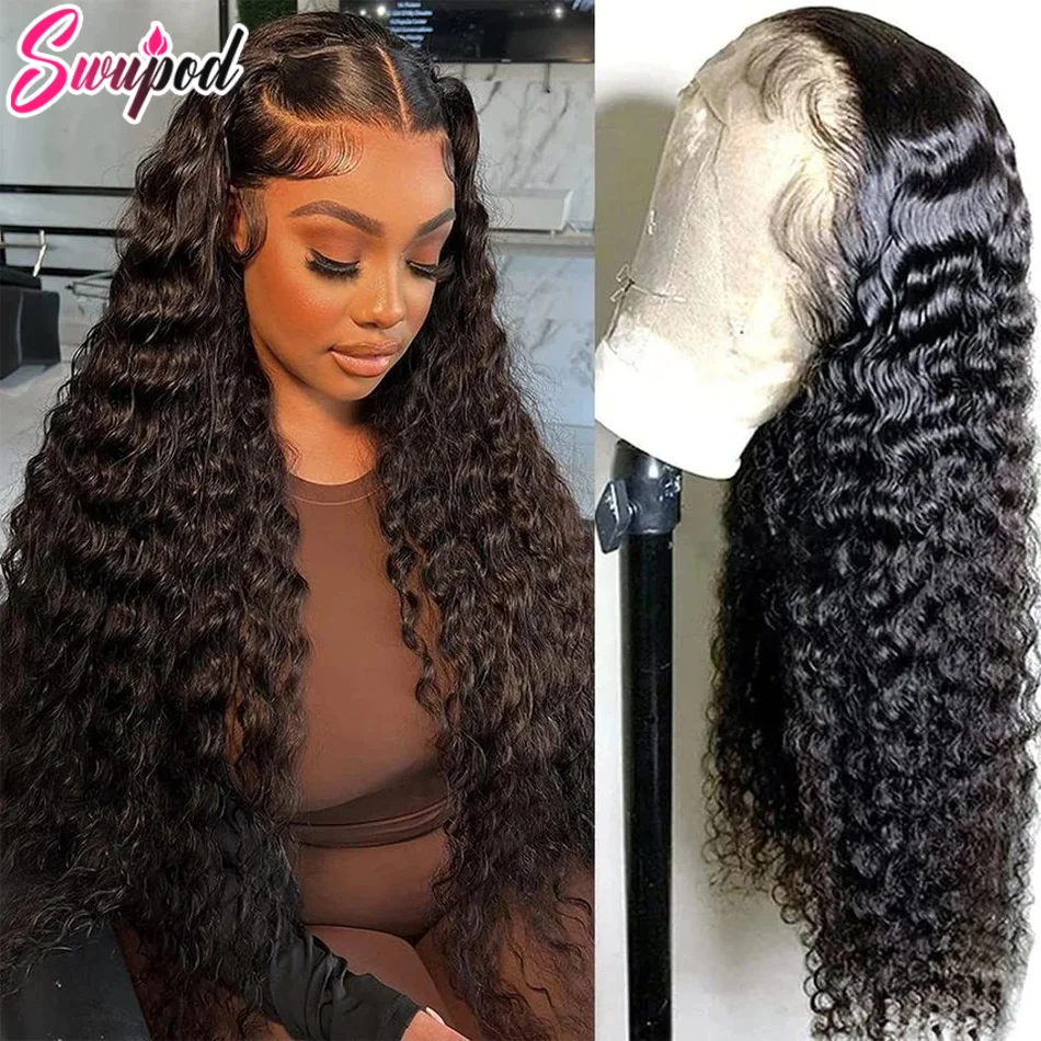 250% 360 Full Lace 13x6 HD Lace Frontal Wig for Women 13x4 Front Deep Wave Curly Remy Human Hair Dark Black Glueless Pre Plucked