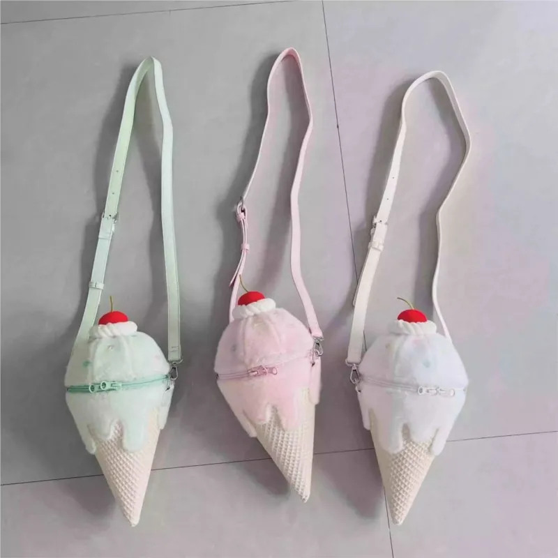 JIAERDI Sweet Cute Ice Cream Shape Shoulder Bags Women Plush Soft Lolita Style Crossbody Bag Ladies Japanese Kawaii Purses 2025