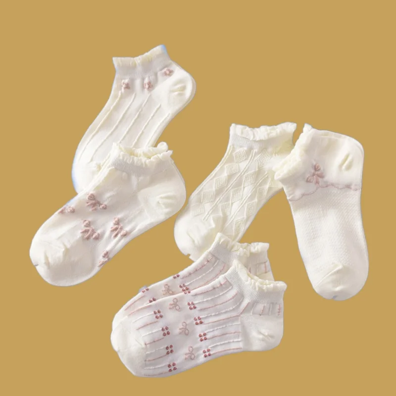 Chaussettes courtes à bouche peu profonde en coton pur pour femmes, chaussettes à bulles en dentelle, chaussettes d'été fines, chaussettes de bateau, haute qualité, 5/10 paires