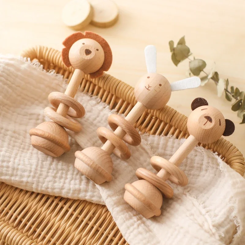 1pc Baby Rattles Toys Beech Wooden Animal Rattles Music Hand Bells Toys Newbron Montessori Educational Mobile Rattle Blocks Toys