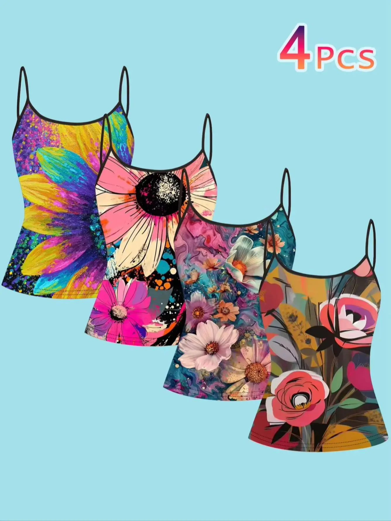 4-Piece Set of Women's Spaghetti Strap Camisoles with Abstract Oil Painting Style, Color-Blocking Sunflower Large Floral Art Graffiti Print, Slim-Fit Sleeveless Tops