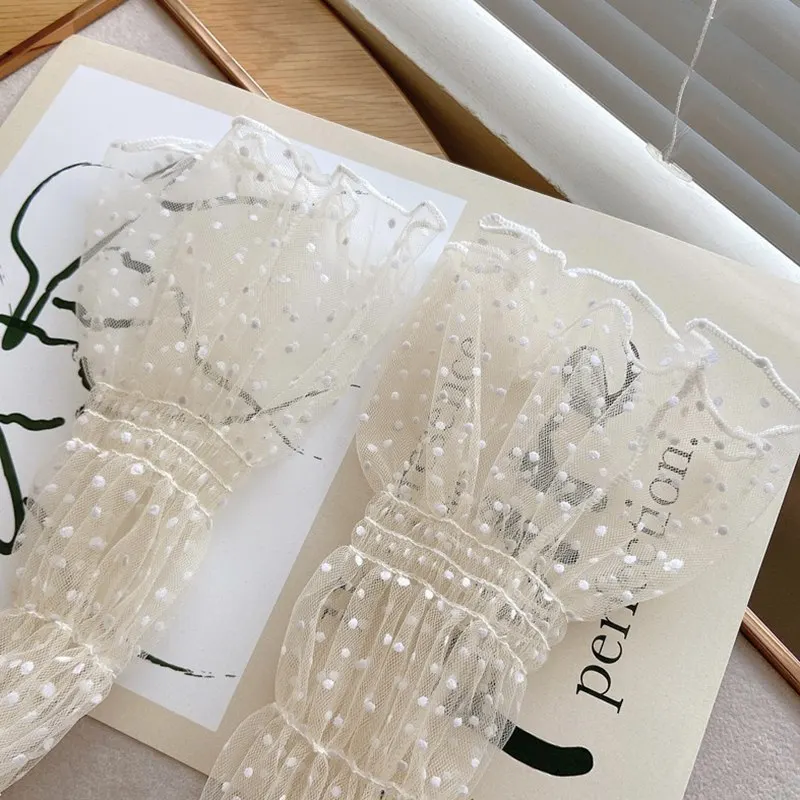 Summer Sexy Beige Lace Sunscreen Sleeves for Women Polka Dot Thin Breathable Mesh Fingerless Gloves Driving Arm Sleeves