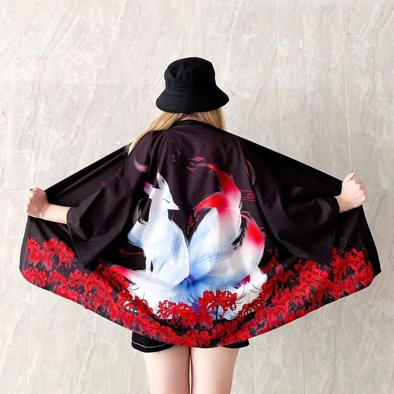 Japanese Kimono Cardigan Yukata Women's Japanese Streetwear Shirt Nine-tailed Demon Fox Print Haori Women's Kimono OBI Top