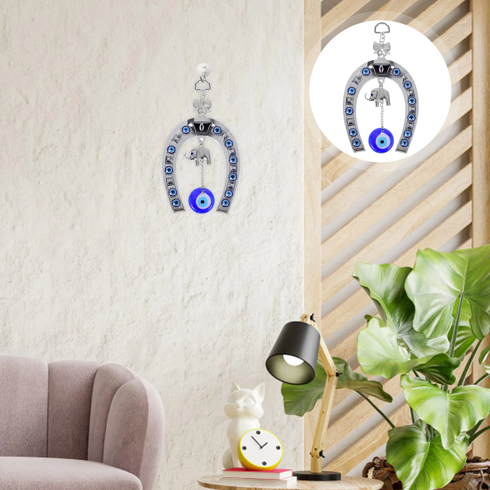 Turkish Elephant Ornament Evil Eye Pendant Window Wall Hanging Blue Decor Horseshoe Glass