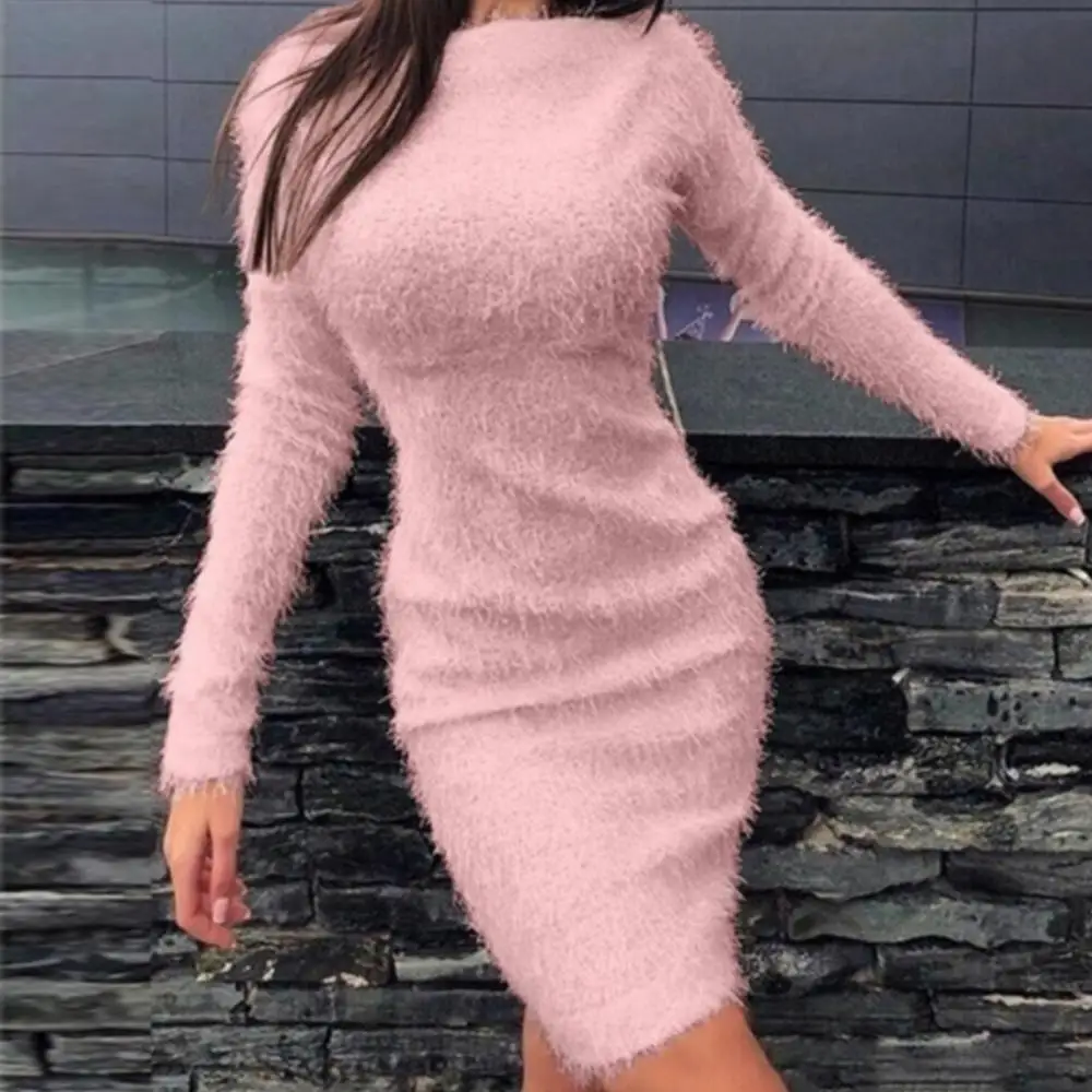 

Women Dress Bodycon Solid Color Dress Long Sleeve Plus Size Hot Autumn Winter Sweater Fluffy Kee-length