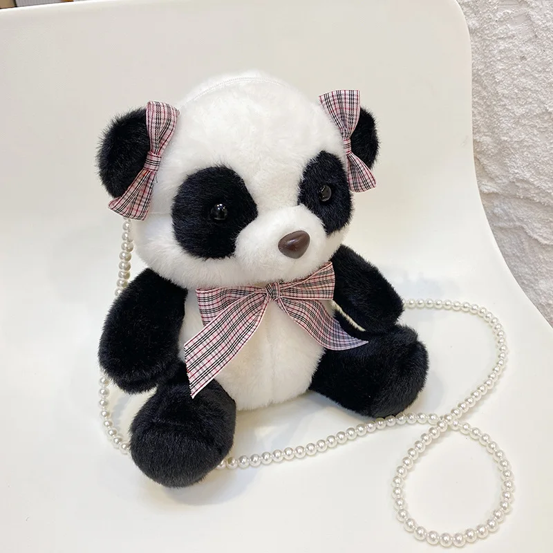 Cartoon New Panda Plush Satchel Pack Pearl Chain Kawaii Toy Bag Girl's Mobile Phone Change Cosmetic Bag Birthday Gift Backpack