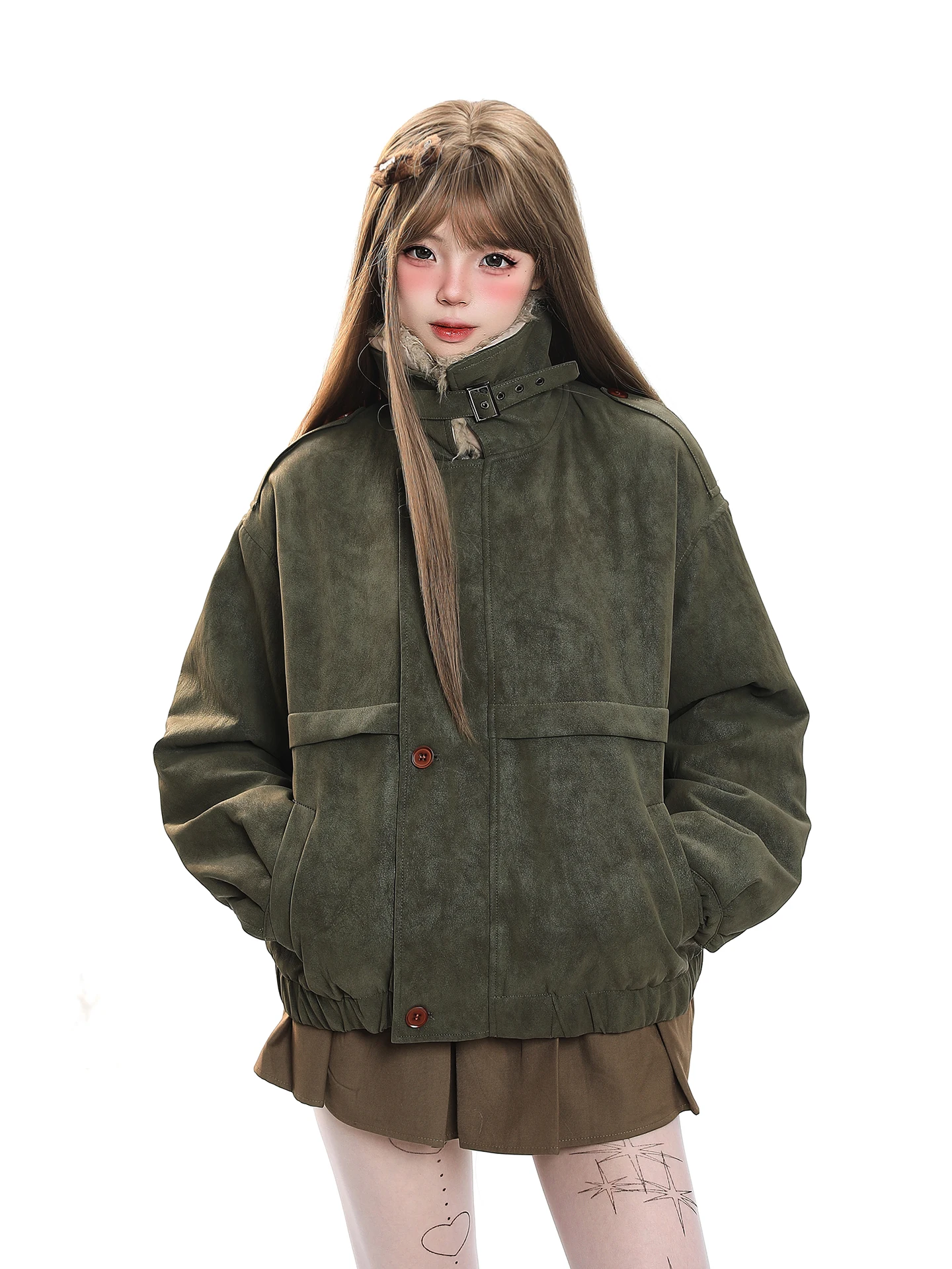 

Detachable Fur Collar Thiened Cotton Jaet Women's Winter New Sle Loose Warm ort Outerwear Sweet Sle Long Sve Zipper