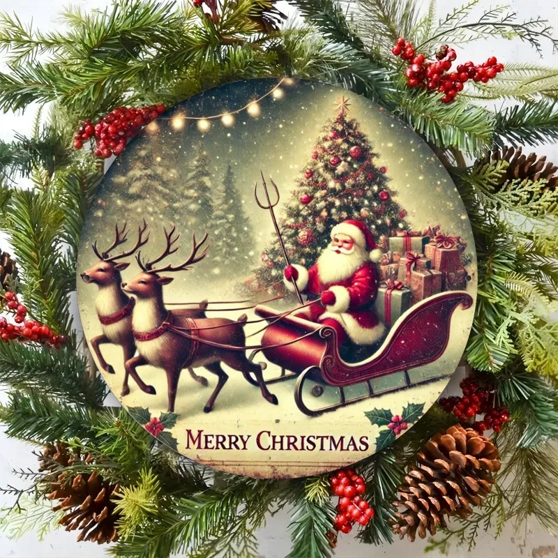 Festliche Weihnachtsmann-Schlitten-Wandkunst aus Metall – 20,3 x 20,3 cm großes rundes Eisenschild, Weihnachtsbaum- und Rentier-Design mit „Merry Christmas“