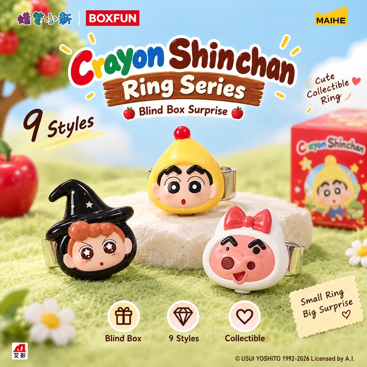 BOXFUN Crayon Shinchan Dwarf Fairy Tale Finger Ring Watch Blind Box Flip Cover Mini Timepiece Cartoon Collectible Surprise Gift