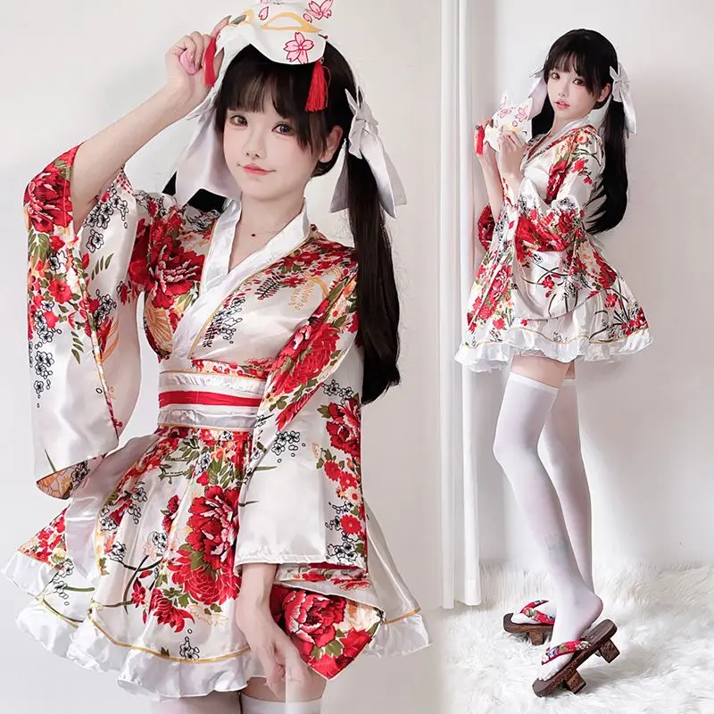 

Japan Traditional Japanese Formal Kimono Cosplay Anime Summer Breeze Print Improved Bathrobe Sweet Style 2Piece Disfraz