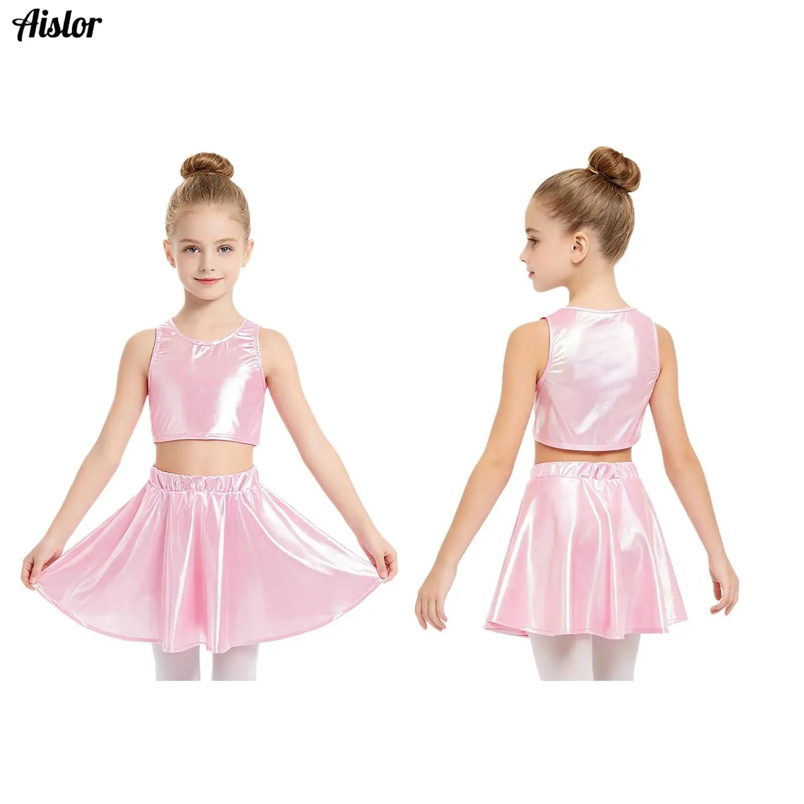Girls 2Pcs Jazz Modern Dance Performance Outfit Sleeveless Crop Top+Ruffled Skirt Set for Hip-hop Cheerleading Dance Stage Show