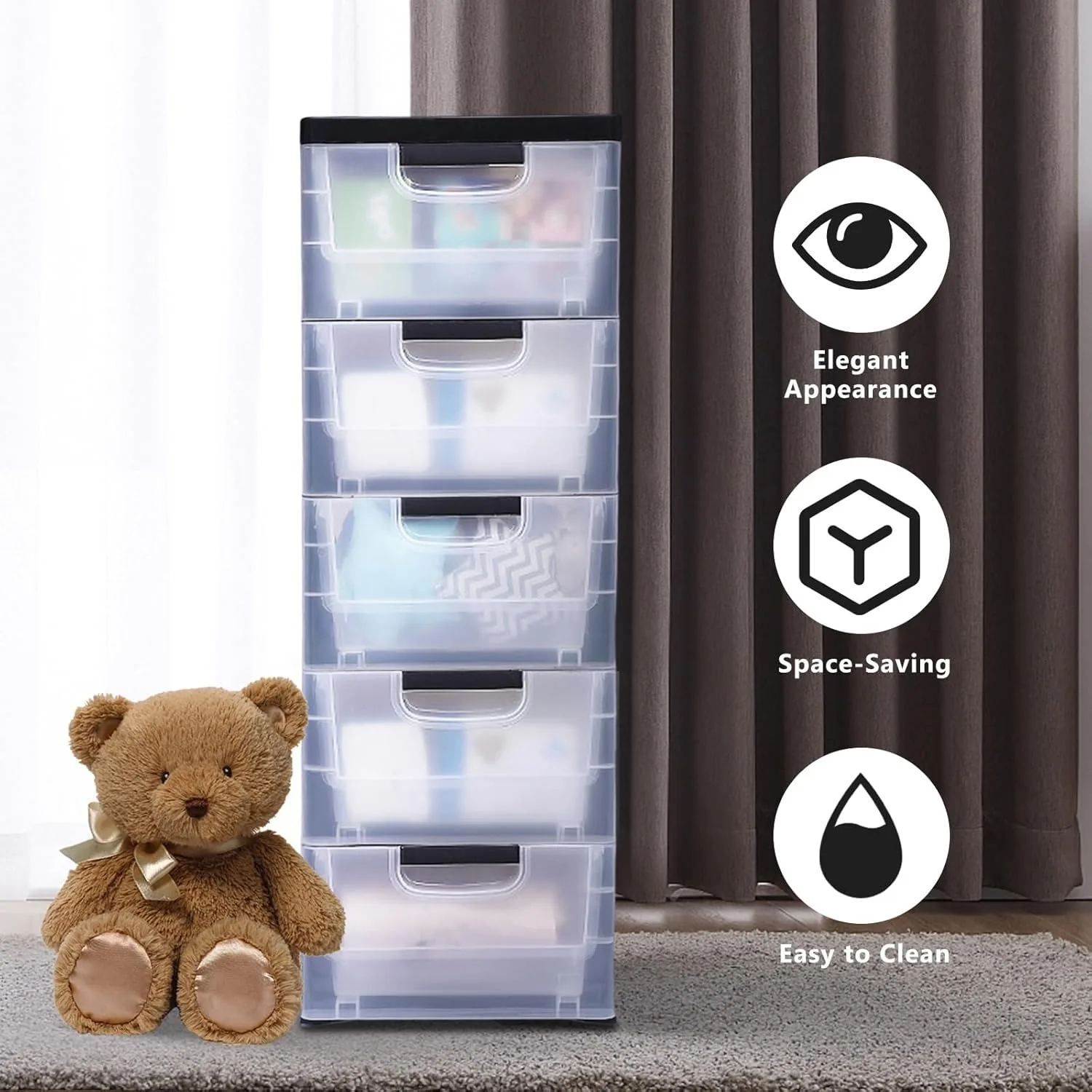 

5 Drawer Storage Organizer, Vertical Storage Tower, Plastic Storage Dresser, Storage Cabinet Drawers Organizer for Clothes Toys