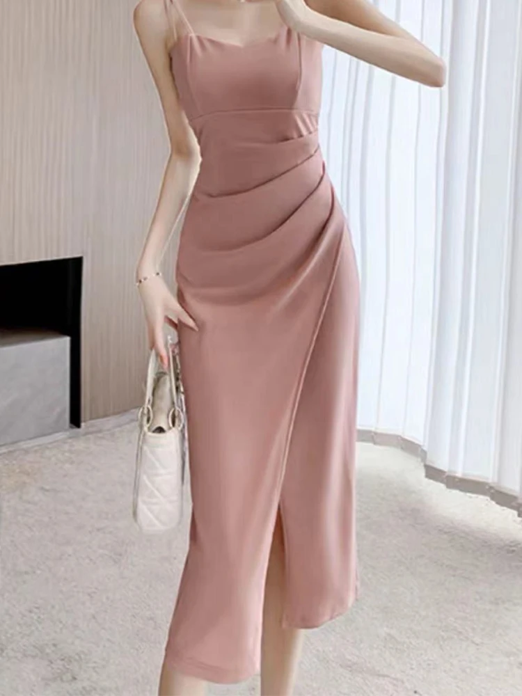 

Sexy Elegant Women Side Draped Pink Spaghetti Strap Dress Party Vestidos