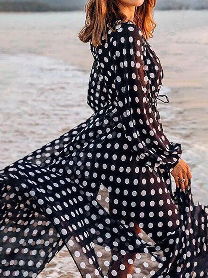 Fashionable Black Polka Dot Vintage Low Cut Bow One-piece Swimsuit And Beach Veil Romantic Seaside Holiday Elegant Woman 2023