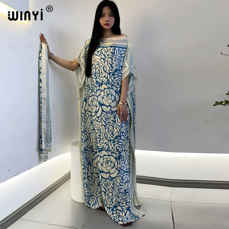 

WINYI maxi african print clothing for women Dubai Muslim Dashiki kaftan holiday Design With belt evening dress abaya party dress