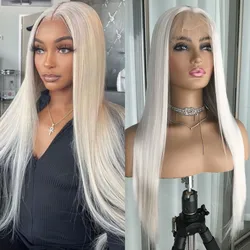 Long Straight 13x4 Lace Front Wig Platinum Silver Synthetic Lace Wigs for Women Highlight Blonde Heat Resistant Fiber