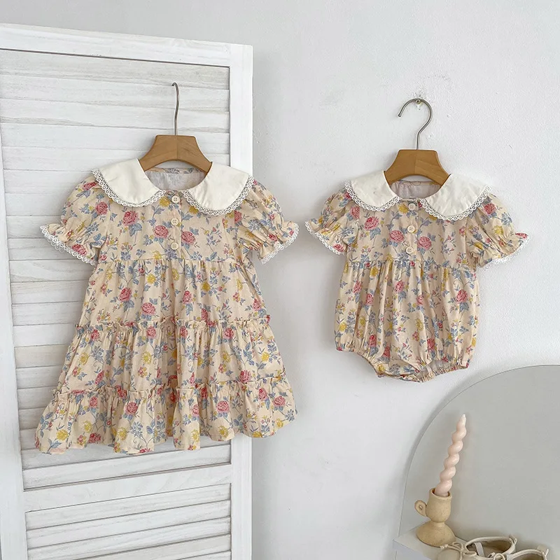 2026 New Summer Sister Clothing 2-6Yrs Baby Girl Party Dress Short Sleeved Cotton Print Infant Baby Romper Kids Princess Dresses